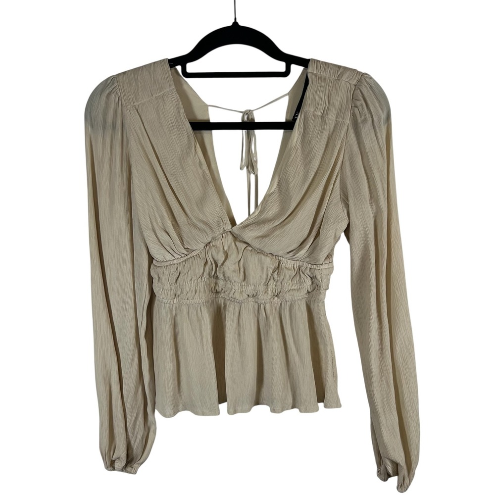 New York & Company Cream Beige V-Neck Smocked Peplum Blouse Size Small Boho